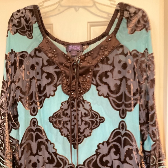 Hale Bob Turquoise/Brown Burnout Velvet Embellished Tunic - S - Picture 2 of 12